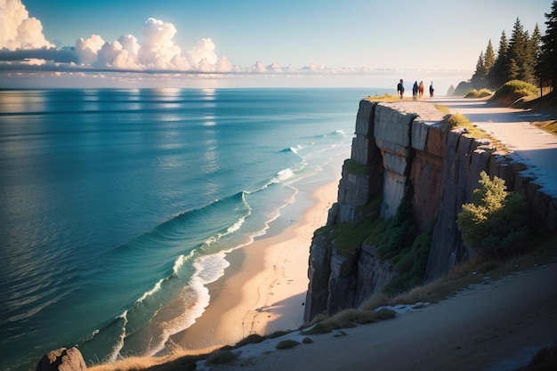 Une plage avec une falaise et un ciel bleu avec des nuages