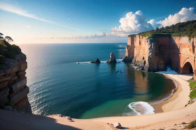 Une plage avec une falaise sur le côté droit et une falaise sur le côté droit.