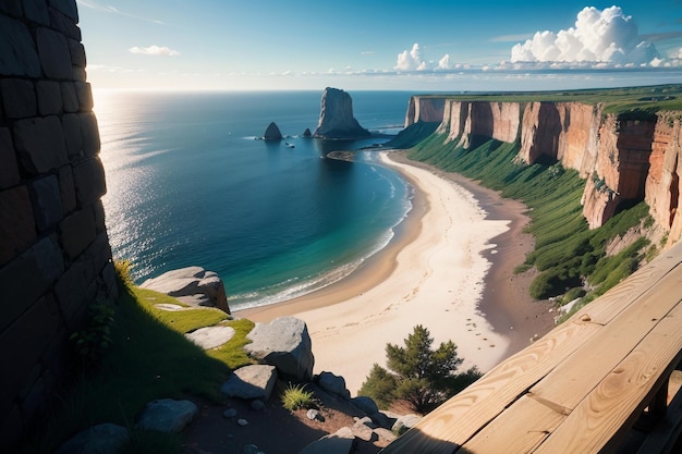 Une plage avec une falaise à gauche et une falaise à droite.