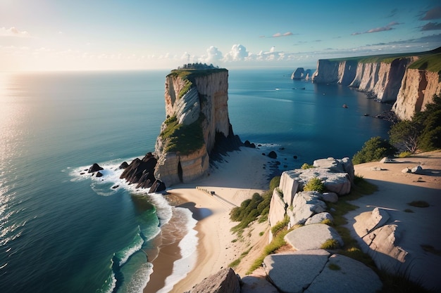 Une plage avec une falaise à gauche et une falaise à droite.