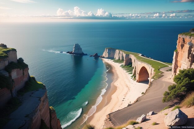 Une plage avec une falaise et la mer en arrière-plan