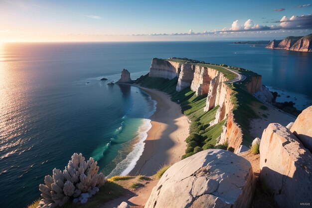 Une plage avec une falaise et l'océan en arrière-plan