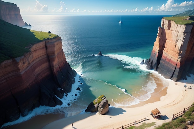 Une plage avec une falaise et un phare sur le côté gauche.