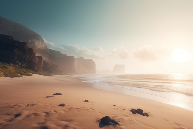 Une plage avec une falaise rocheuse en arrière-plan