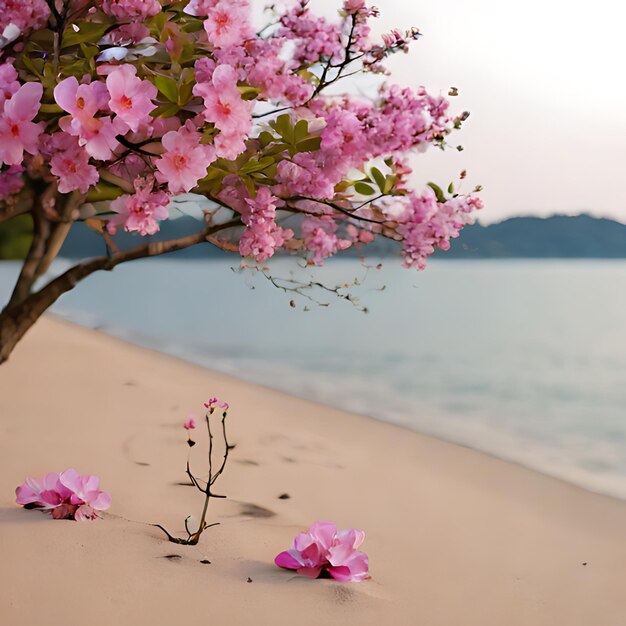 une plage avec des fleurs roses et un arbre avec l'océan en arrière-plan