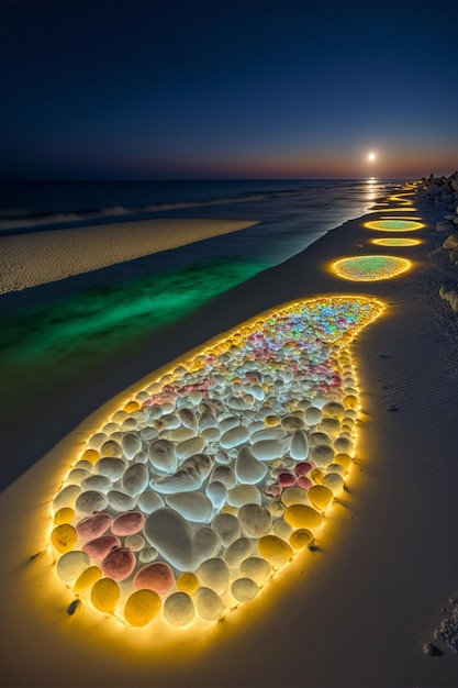 Plage de galets éclairée la nuit ai générative