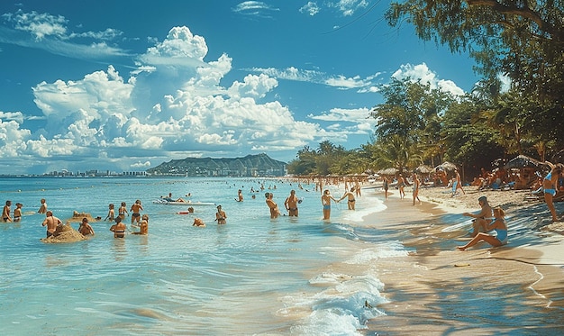 une plage avec des gens qui nagent et un ciel avec des nuages