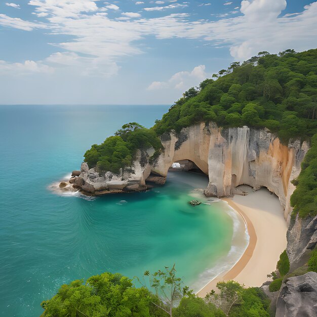 Photo une plage avec une grande formation rocheuse dans l'eau et une plage au loin