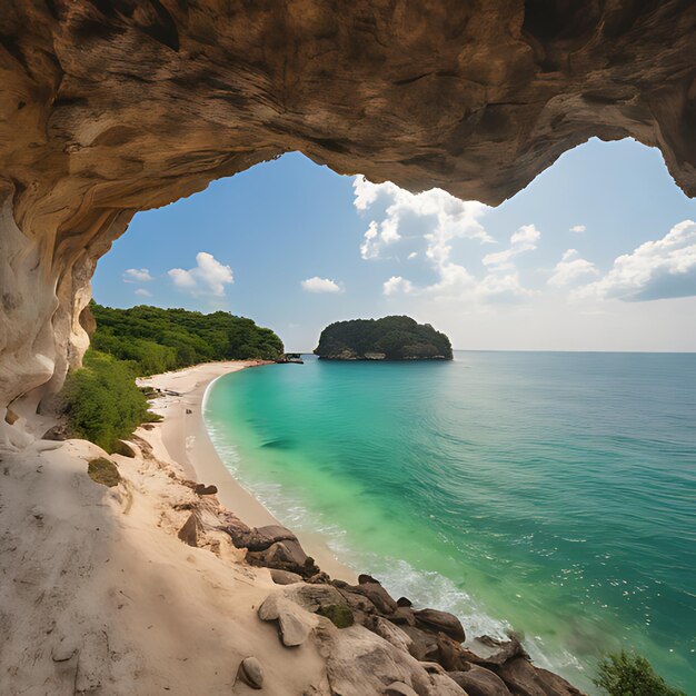 une plage avec une grotte au milieu