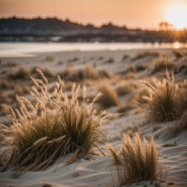 une plage avec de l'herbe et un coucher de soleil en arrière-plan