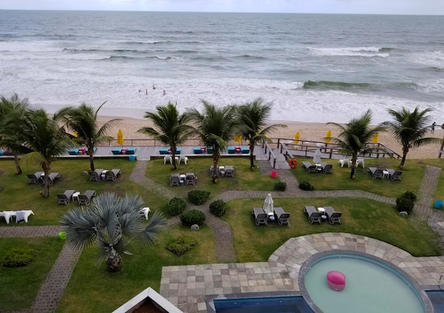 La plage de l'hôtel est entourée de palmiers et de l'océan.