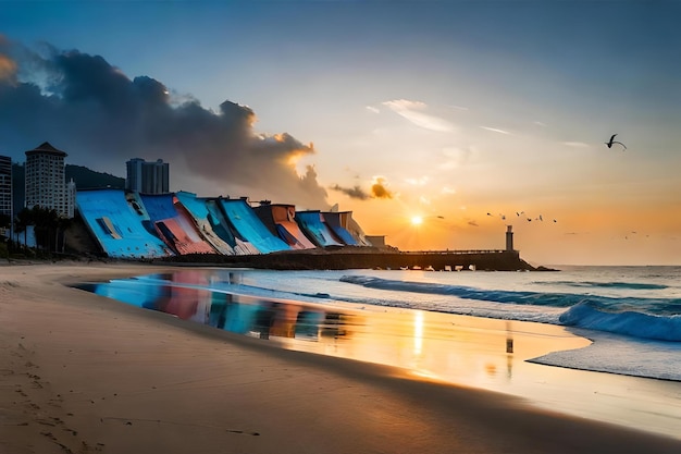 Une plage avec des huttes de plage colorées et un coucher de soleil.