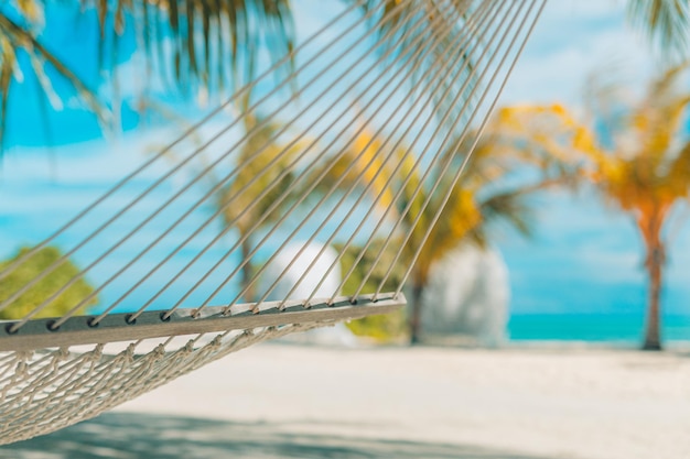 Plage idyllique avec cocotiers et hamac, ambiance estivale tranquille et relaxante. Gros plan récréatif