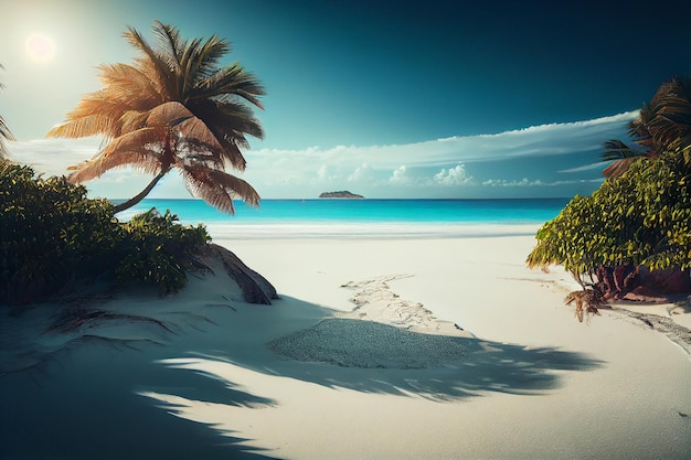 Une plage idyllique et un paysage océanique sur une île tropicale avec des palmiers et des cocotiers à la lumière du coucher du soleil Generative AI