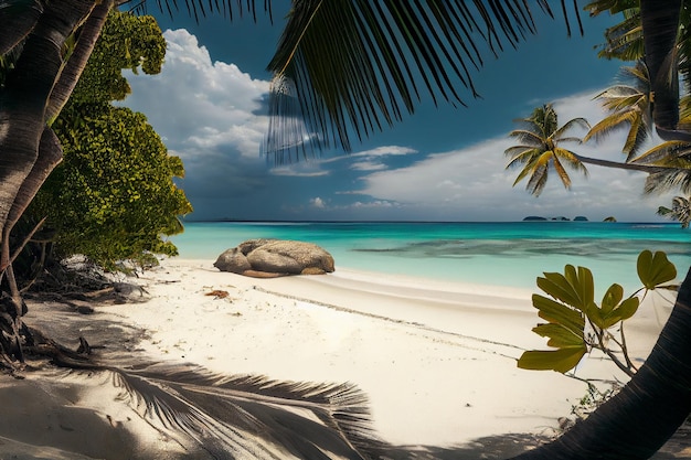 Une plage idyllique et un paysage océanique sur une île tropicale avec des palmiers et des cocotiers à la lumière du coucher du soleil Generative AI