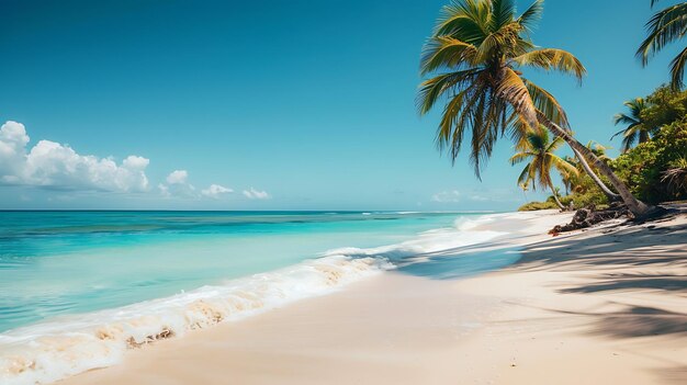 Une plage incroyable avec du sable blanc et des palmiers l'eau est cristalline et bleue le soleil brille et il n'y a pas de gens sur la plage