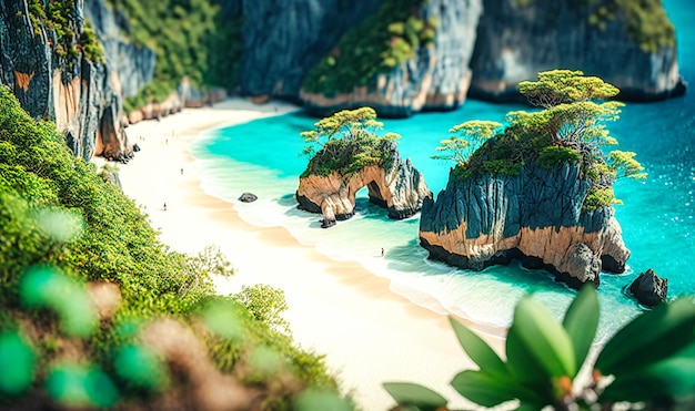Une plage isolée avec du sable blanc poudreux et des eaux turquoise encadrées par des falaises imposantes et une végétation tropicale luxuriante