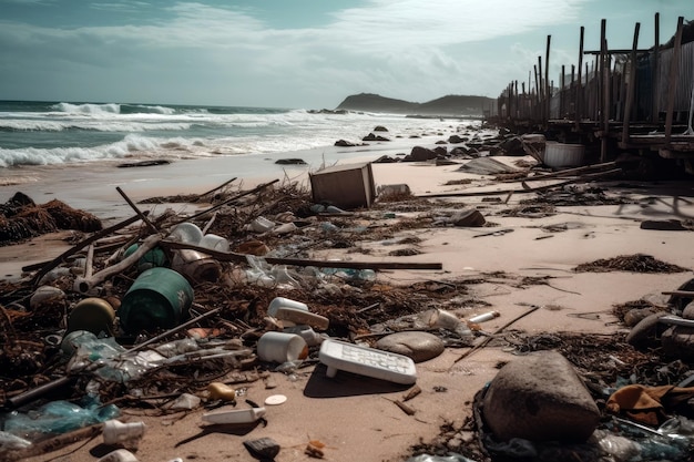 Plage jonchée d'ordures éparpillées partout AI générative