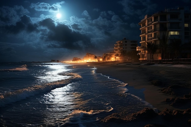 Une plage avec une lune pleine dans le ciel