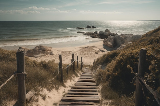 Une plage avec des marches menant à l'océan