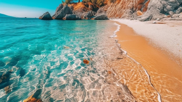 Une plage avec une mer bleue et une plage avec un ciel rouge et bleu.