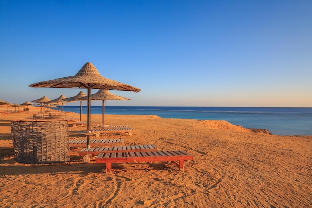 Plage à la mer avec les parasols