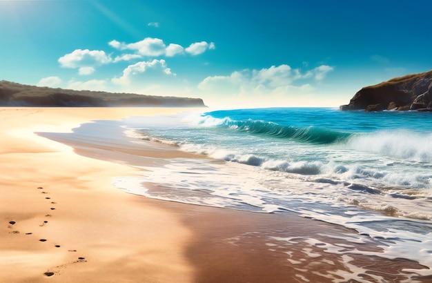 Une plage avec mer et sable avec ciel et soleil