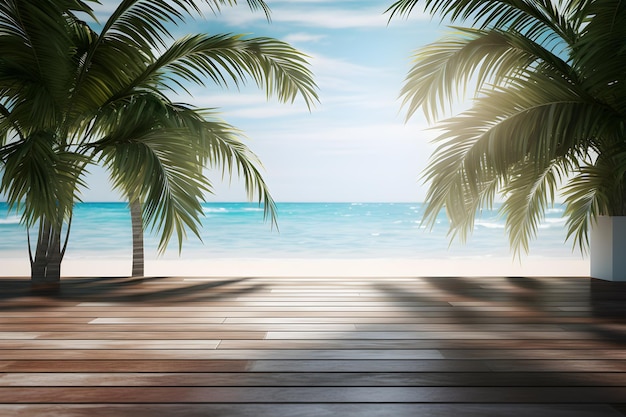 Plage de mer tropicale d'été avec des vagues de feuilles de palmier et un ciel bleu avec des nuages générés par l'IA