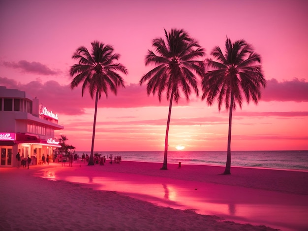 Photo la plage de miami en floride avec le coucher de soleil rose