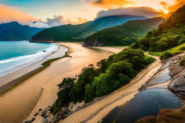 Une plage avec une montagne en arrière-plan