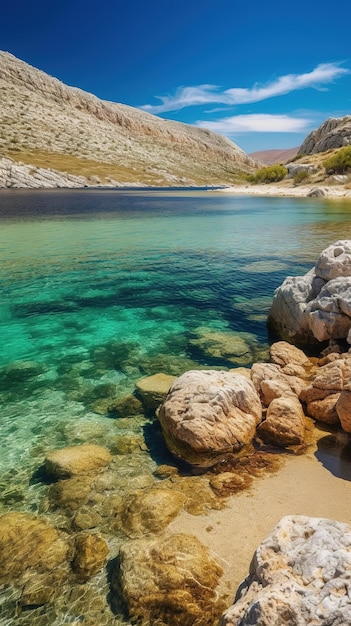 Une plage avec une montagne en arrière-plan