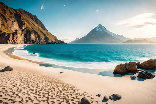 Photo une plage avec une montagne en arrière-plan