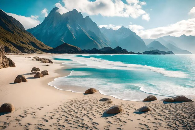 Photo une plage avec une montagne en arrière-plan