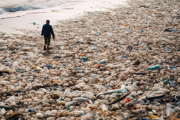 Une plage avec une montagne de déchets plastiques éparpillés sur tout le littoral en arrière-plan