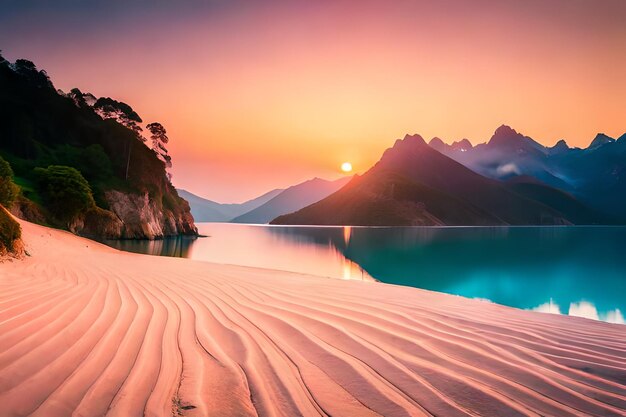 Une plage avec des montagnes en arrière-plan