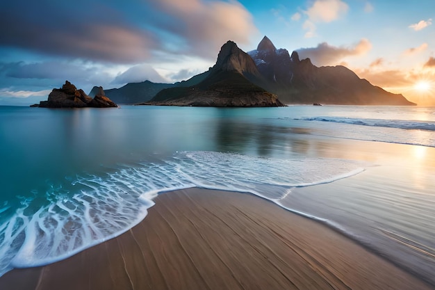 Une plage avec des montagnes en arrière-plan