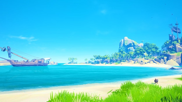 une plage avec un navire dans l'eau