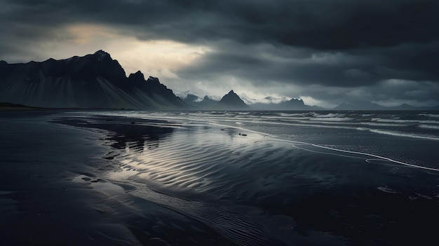 Une plage noire avec un ciel nuageux et des montagnes en arrière-plan.