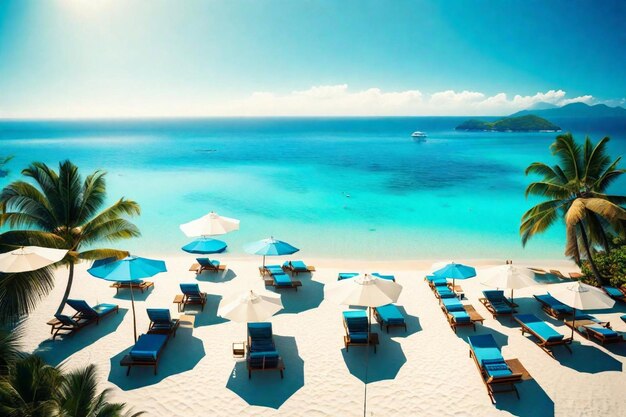 Photo une plage avec de nombreuses chaises et parapluies sur la plage