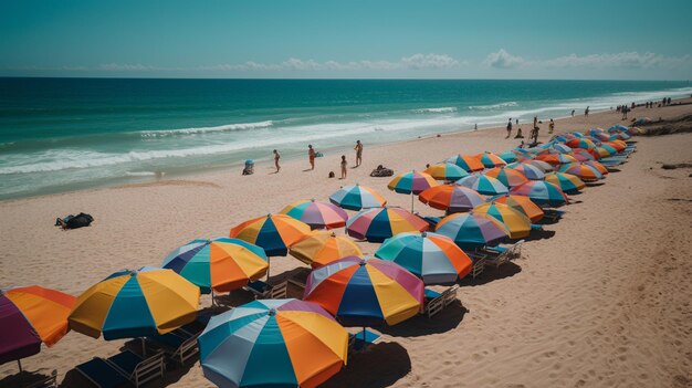 Une plage avec de nombreux parasols et une scène de plage