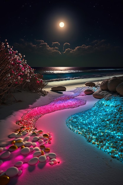 La plage la nuit est éclairée par des pierres colorées et la lune.