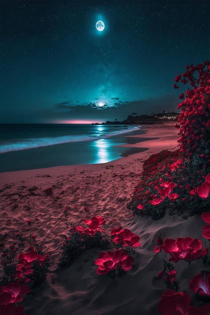 Plage la nuit avec une pleine lune dans le ciel ai générative