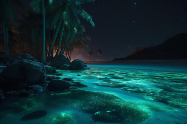 Plage océan paradis paume nuit tropical ciel bleu arbre vacances lumineuses IA générative