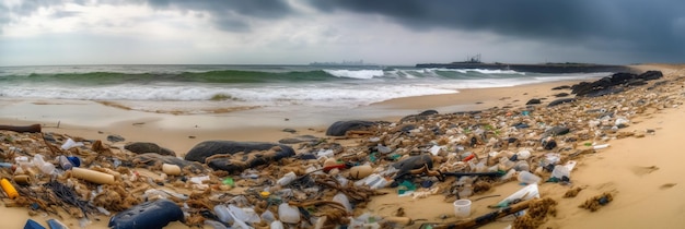 Une plage avec des ordures et un ciel nuageux