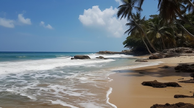 Une plage avec un palmier en arrière-plan