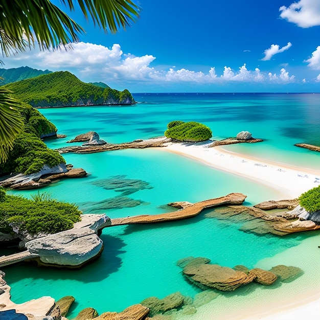 Une plage avec un palmier au premier plan et un ciel bleu avec des nuages.