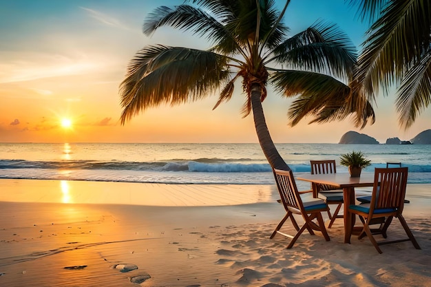 Une plage avec un palmier et une chaise sur la plage