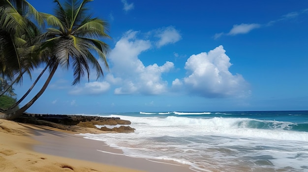 Une plage avec un palmier et un ciel bleu