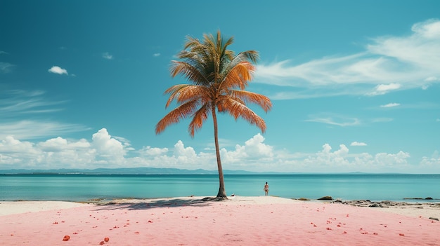 Une plage avec un palmier et un ciel bleu