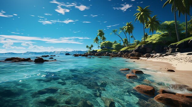 Une plage avec un palmier et un ciel bleu